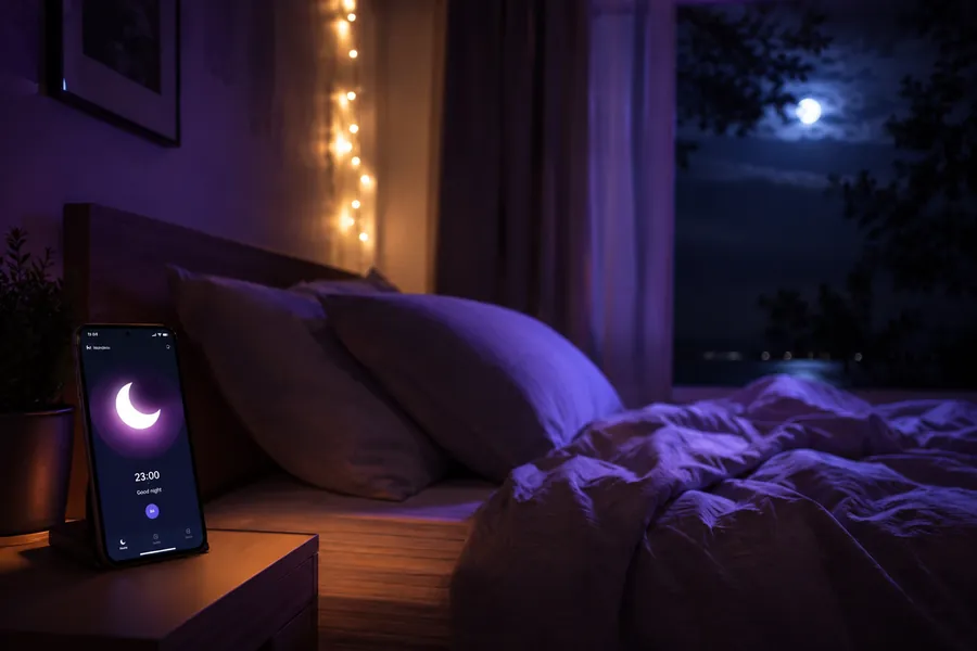 a dim moonlit bedroom at night, a phone on the nightstand showing a crescent-moon wind-down screen