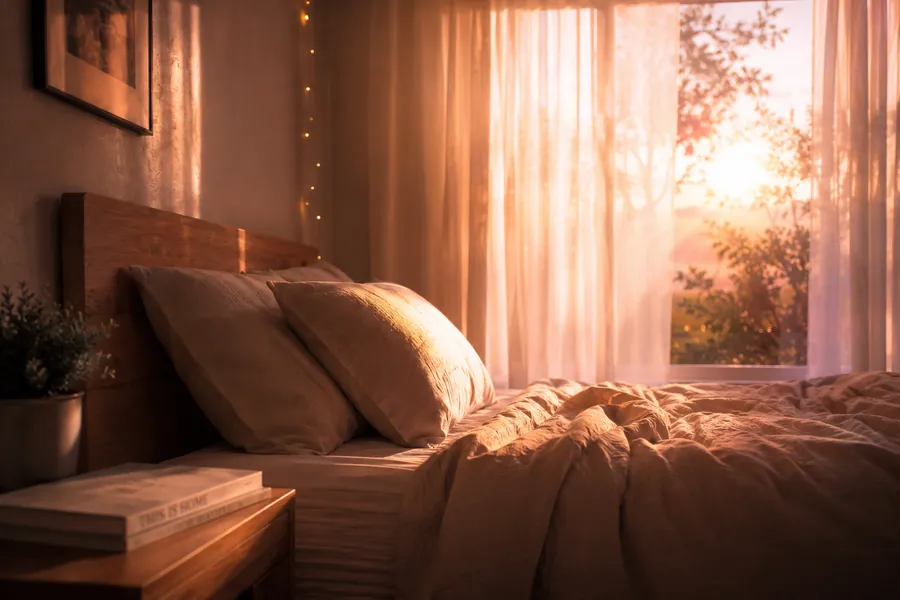 soft dawn light coming through sheer curtains over a cosy unmade bed